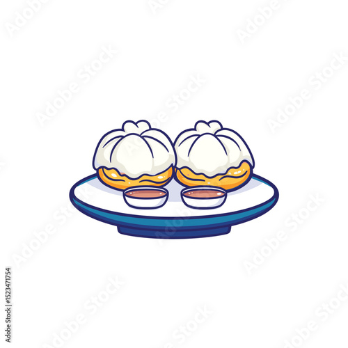 Steamed buns dish with dipping sauce cartoon