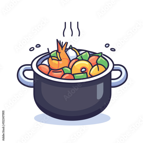 Stew pot with vegetables and shrimp steaming