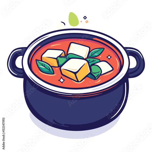 Stew with tofu and herbs in dark pot