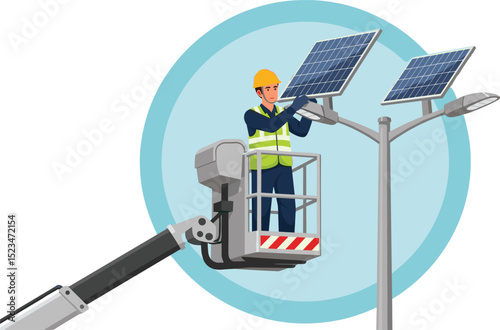 Worker performing maintenance on a solar-powered street light using a hydraulic lift under clear blue sky isometric cartoon