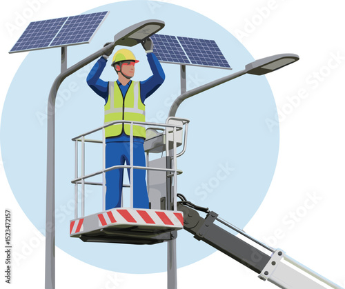 Worker performing maintenance on a solar-powered street light using a hydraulic lift under clear blue sky isometric cartoon