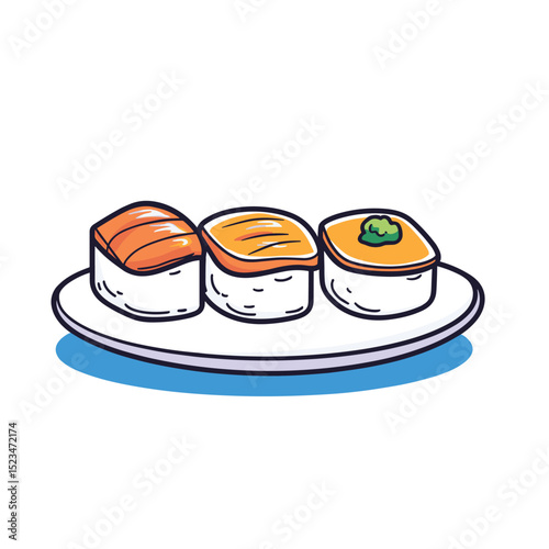 Sushi assortment on plate, Asian cuisine cartoon