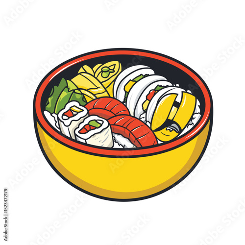 Sushi bento box with rice and fish