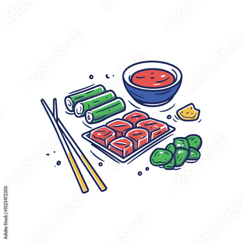 Sushi meal with rolls and dipping sauce