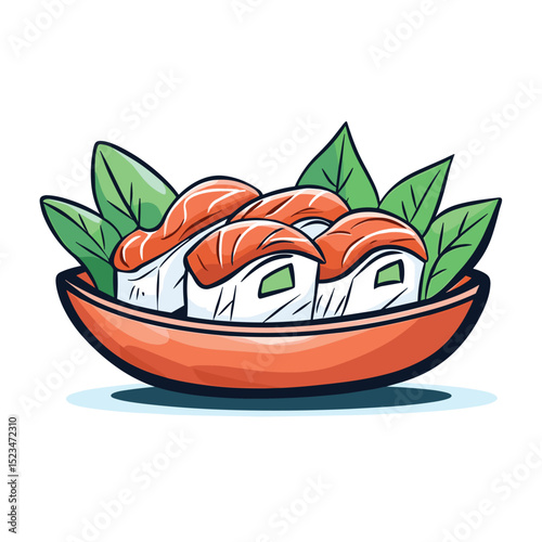 Sushi nigiri with salmon served with basil leaf