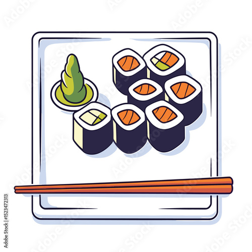 Sushi on plate with chopsticks and wasabi