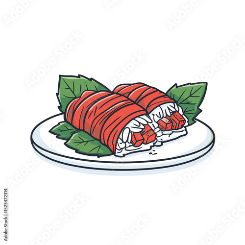 Sushi on plate with leaves fresh food