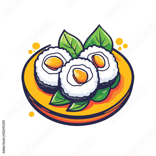 Sushi plate with leaves and sauce dots