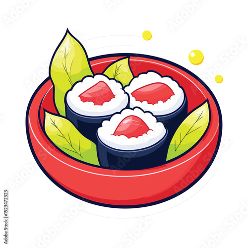 Sushi roll dish with leaves and bubbles
