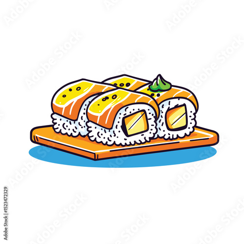 Sushi roll food on wooden serving board