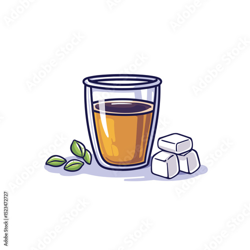 Tea with sugar and leaves on white
