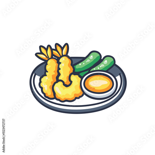 Tempura shrimp with dipping sauce and cucumbers