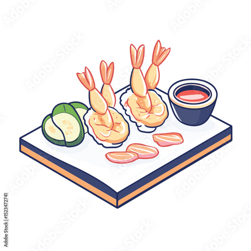 Tempura shrimp with dipping sauce and sliced vegetables