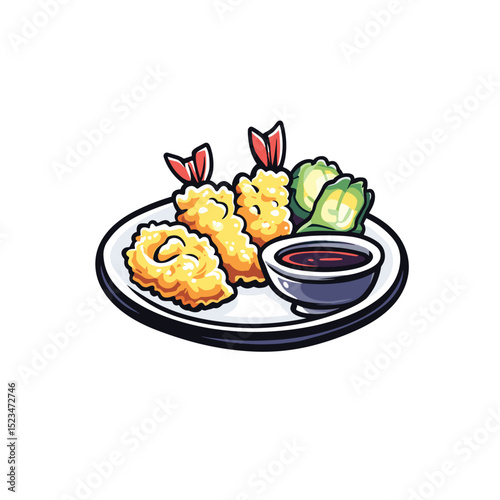 Tempura with dipping sauce and vegetables on plate