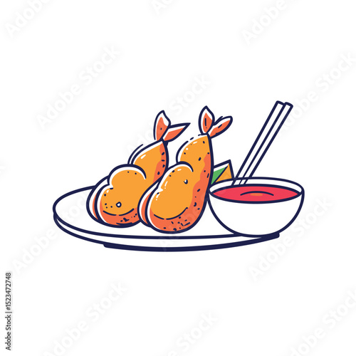 Tempura shrimps with sauce and chopsticks on plate