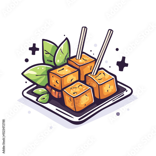 Tofu cubes plate with basil leaves meal