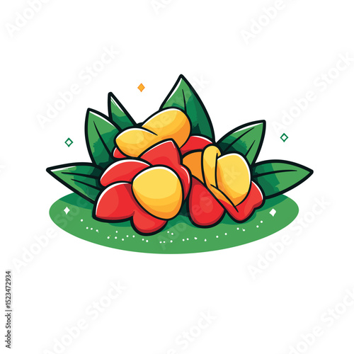 Tropical flowers blossoms with green leaves and dots