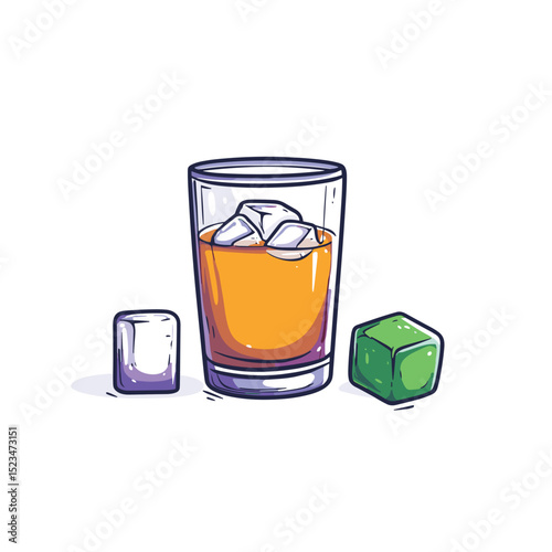 Whiskey glass with ice cubes drink
