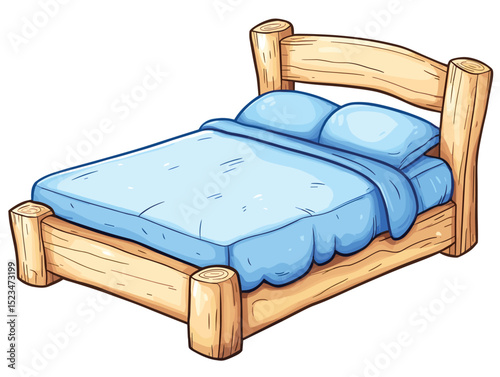 Wooden bed with blue bedding and pillows