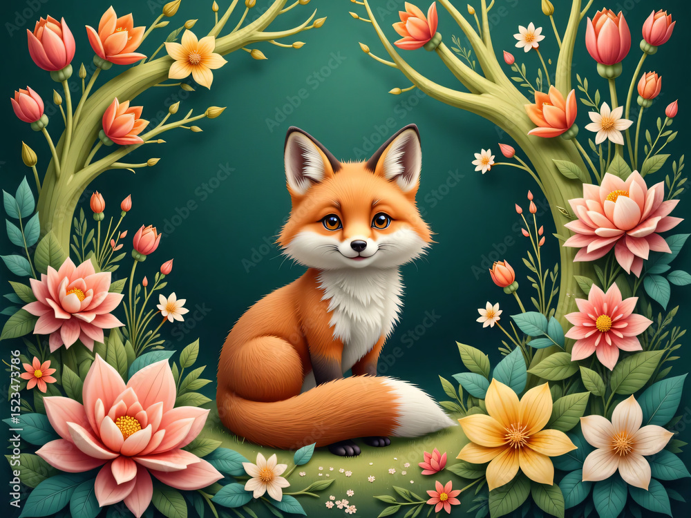 Fototapeta premium red fox and flowers