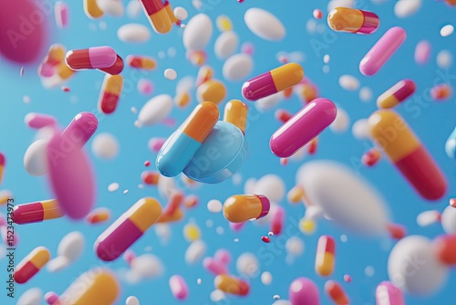 Pills falling on a blue background, capsules, tablets, different colors