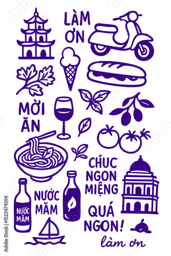 Popular Vietnam Menu for Restaurant Cafe on BSign oard  Cuisine Icons Symbols Illustrated