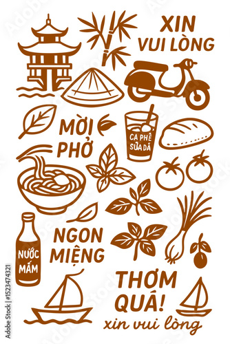 Popular Vietnam Menu for Restaurant Cafe on BSign oard  Cuisine Icons Symbols Illustrated