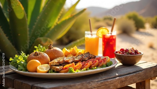 A delicious and refreshing desert lunch spread laid out on a rustic wooden table under the shade of a desert plant Perfect for a hot day's adventure , sand, wildlife, cactus