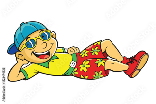 Cartoon Boy Relaxing in Sunny Floral Shorts, Yellow Sunglasses, and a Blue Cap