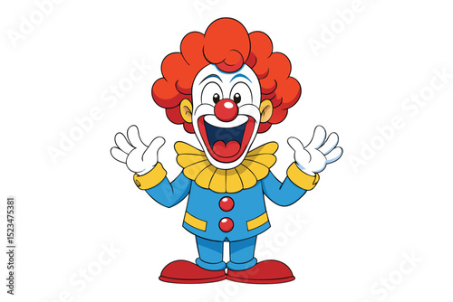 Cartoon Clown with Red Hair, Big Smile, Blue Costume, and White Gloves