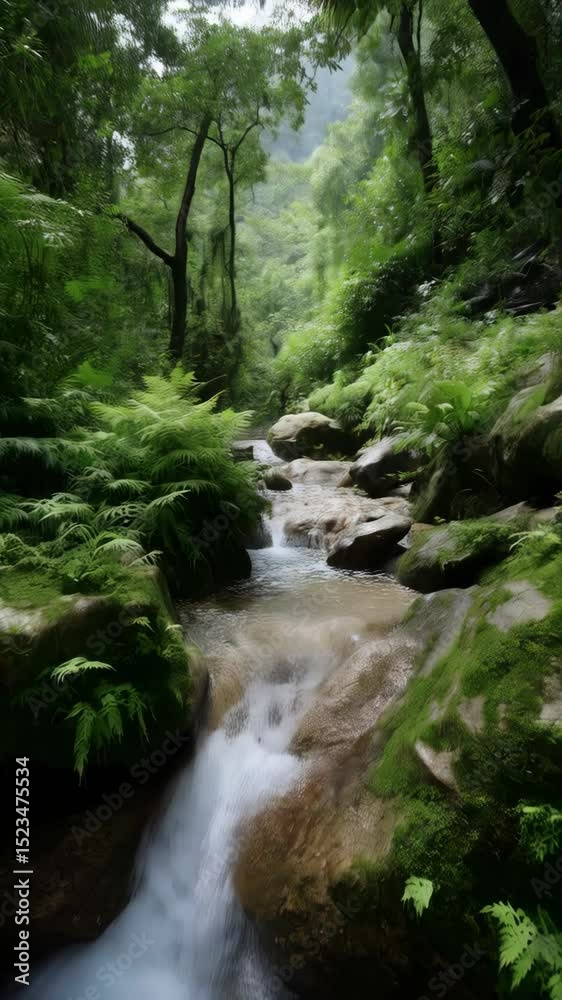 Scenic rainforest landscape with river flowing over rocks and ferns, creating a lush and verdant environment, and serene atmosphere. Scenic rainforest landscape with river flowing over rocks and ferns, creating a lush and verdant environment, and serene atmosphere.