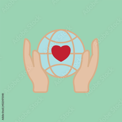 Flat charity icon showing globe, heart, and hands – symbolizing love, global aid, unity, and support.

