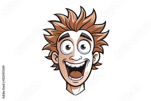 Cartoon Illustration Man with Brown Spiky Hair, Wide Eyes, and Big Grinning Expression