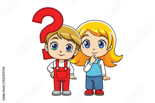 Cartoon Kids Pondering with Question Mark, Blonde Boy and Girl Standing Together, Art