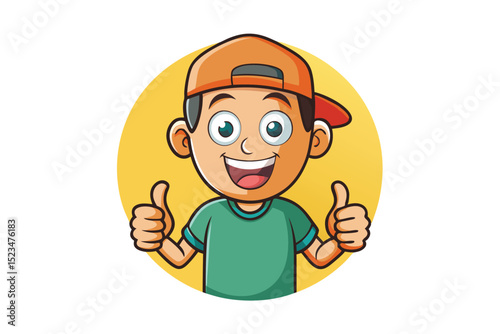 Cheerful Cartoon Boy with Orange Cap Giving Thumbs Up in Front of Yellow Circle
