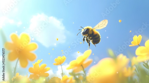 A vibrant bee soars amongst a field of cheery yellow flowers.