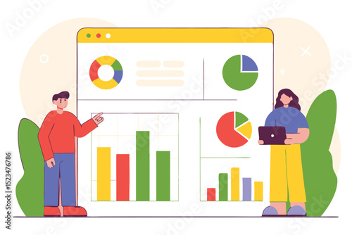 Illustration of Data Analytics Presentation with Bar Graphs, Pie Charts, and Two People
