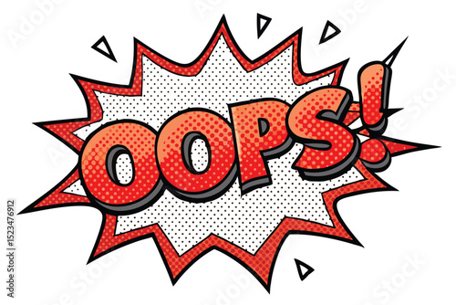 Red Comic Book OOPS! Text with Explosion, Dots, and Triangles on White Background
