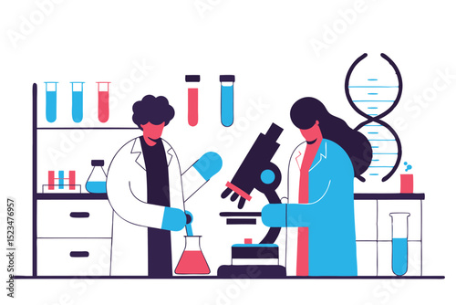 Scientists in Lab with Microscope, Flasks, Test Tubes, and DNA Helix Illustration