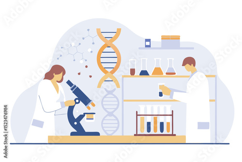 Scientists Working in a Lab with Microscope, DNA Model, Test Tubes, and Various Scientific Equipment
