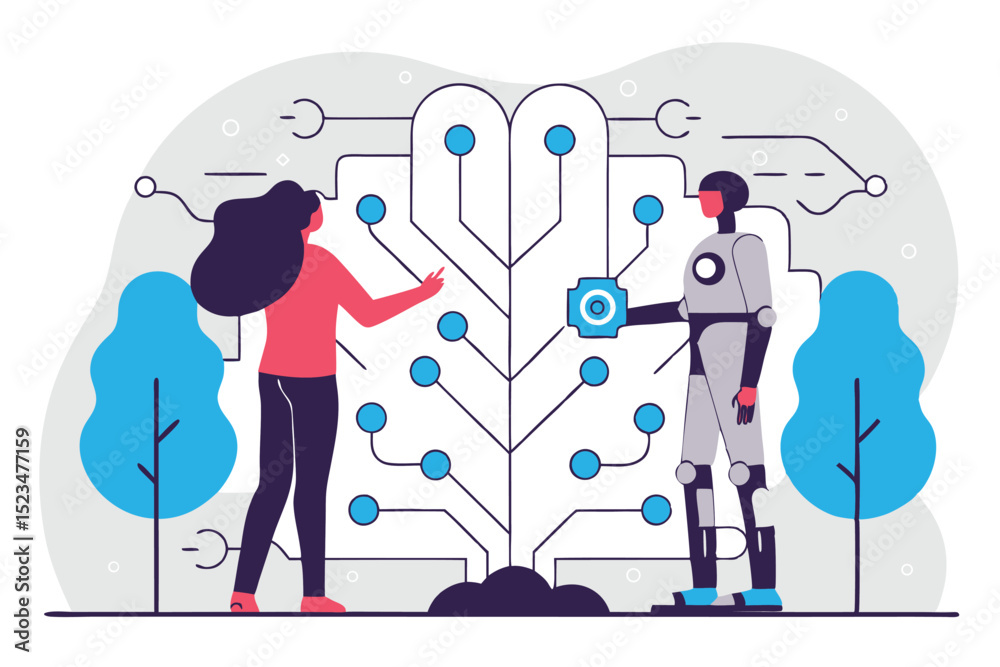 Obraz premium Woman Interacting with Robot Partner Near Neural Network Inspired Diagram, Nature and Technology