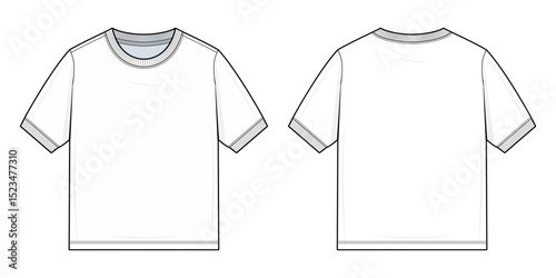 Basic Crewneck T-Shirt Technical Fashion Illustration. Short Sleeve Plain Tee with Regular Fit. Front and Back View. Minimalist Streetwear T-Shirt. Unisex Shirt Vector. CAD Mockup set.