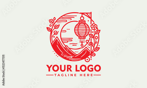 Traditional red Chinese lantern enclosed in circular floral frame with ornamental swirls for festive celebration. Culture concept
