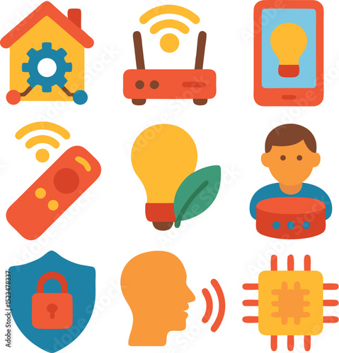 Smart home IoT icons showcase technology and features. Ideal for technology presentations, smart home brochures, IoT websites, and educational materials on home automation systems.