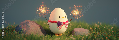 Sweet 3D egg character wearing a flag bow smiling beside sparklers on a miniature grass patch, pastel composition