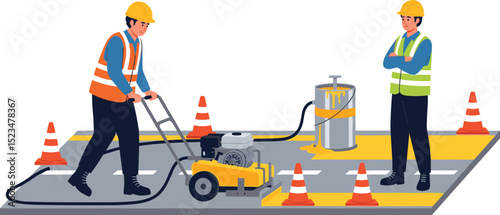 Construction workers operating a traffic line marking machine to paint yellow road stripes during street maintenance while ensuring safety with cones and supervision isometric cartoon
