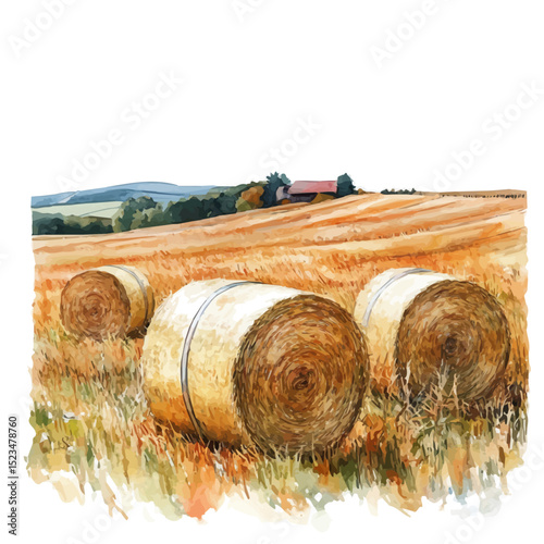 Scenic Farm Hay Bales, watercolor painting vector, high quality, isolated on a white background.
