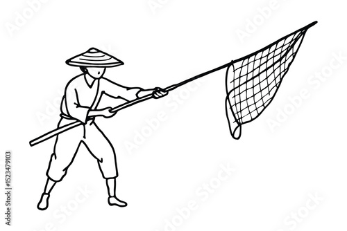 Asian man in conical hat using long-handled net line drawing
