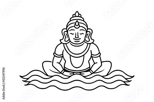 Serene deity meditating on wavy waters line drawing