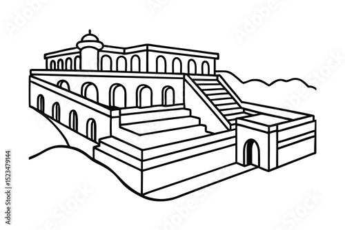 Line drawing ancient palace hilltop architecture illustration
